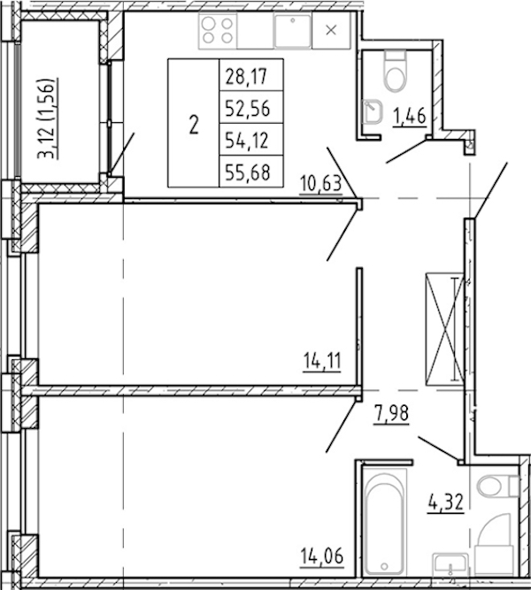 2-комнатная квартира 52.56 м², 2/12 эт., ЖК «Полис Новоселье»